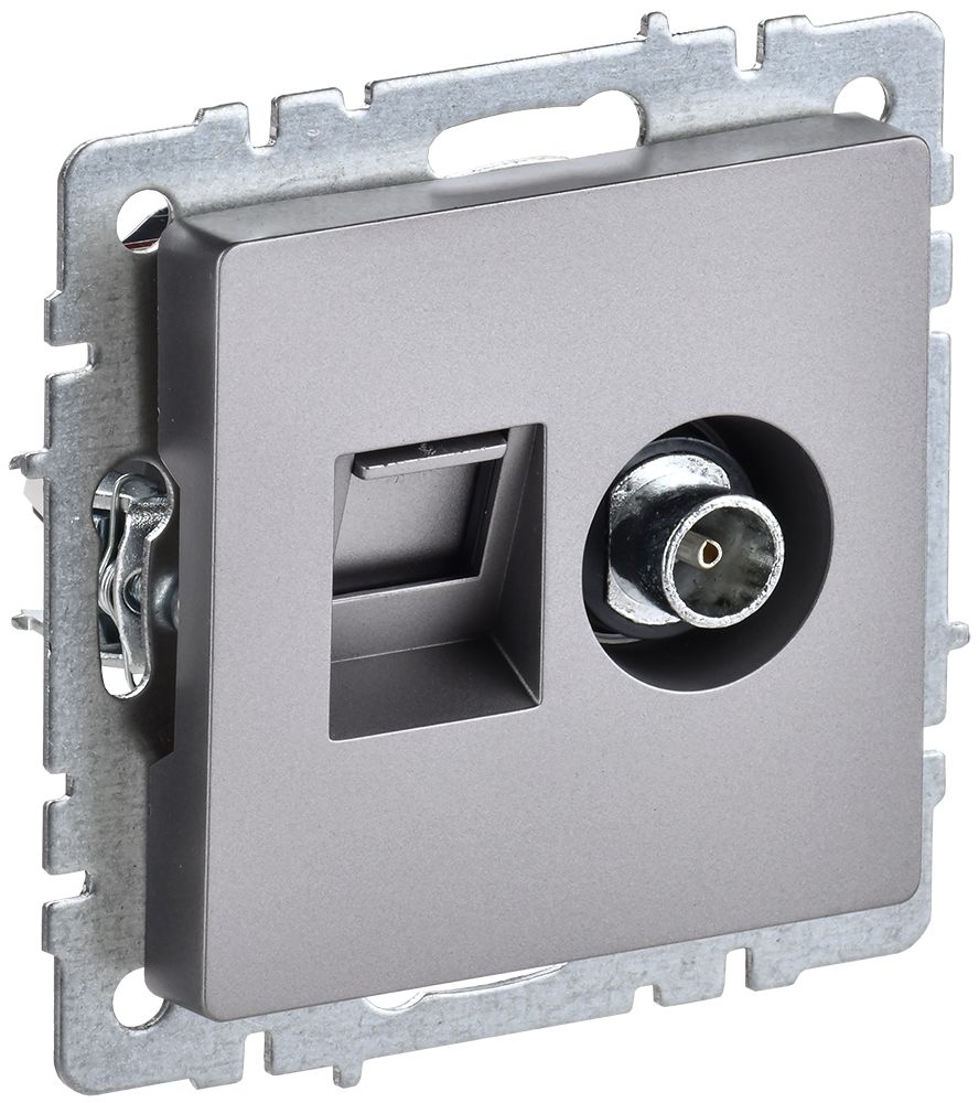 Изображение товара IEK BRITE BASE Сталь Розетка двойная TV+RJ45 кат.5E РТВ/РК12-БрС