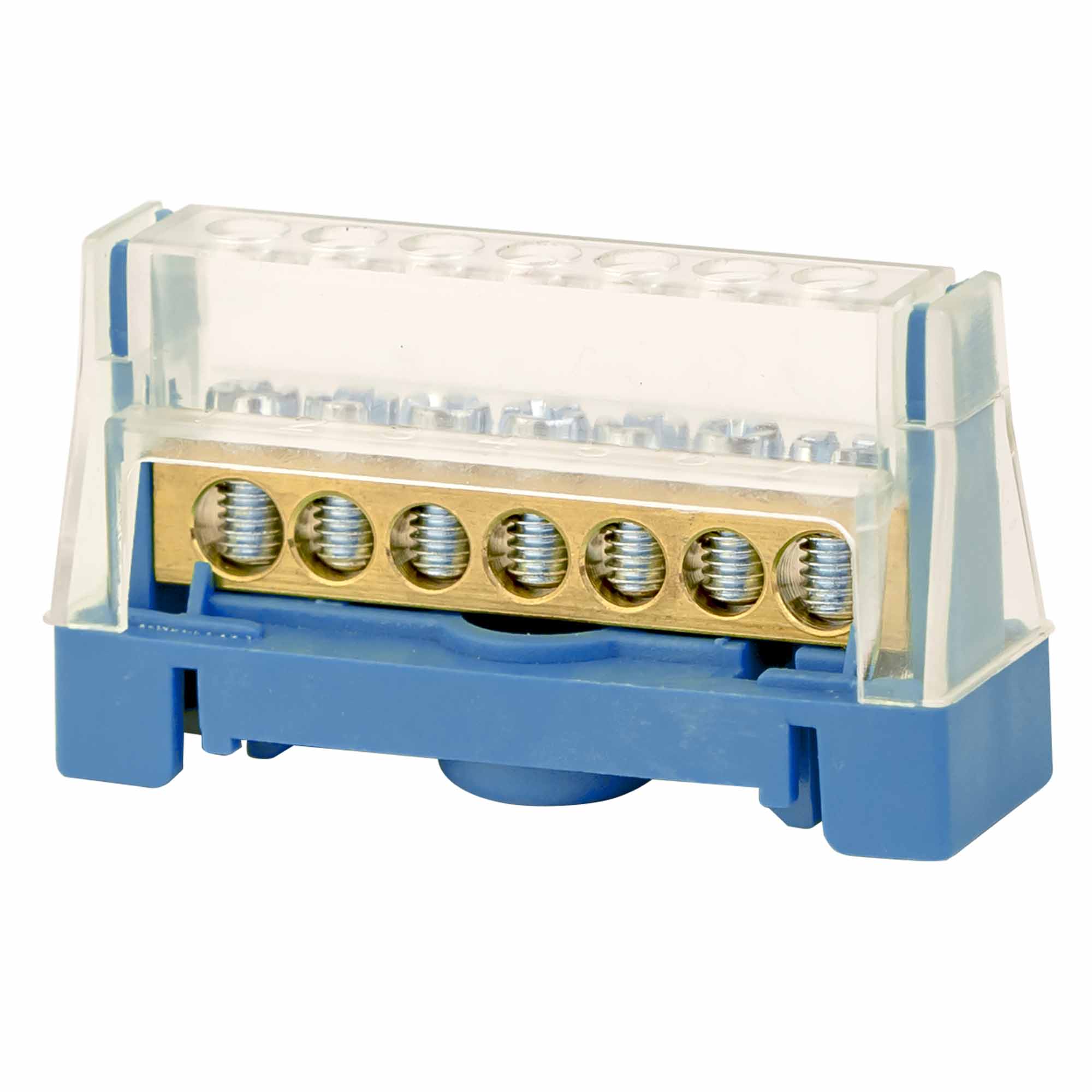 Изображение товара DKC Шина латунная в корпусе на DIN рейку 1 полюс до 63A 9конт. под сеч. 16кв.мм, 2конт. под сеч. 25кв.мм, синяя