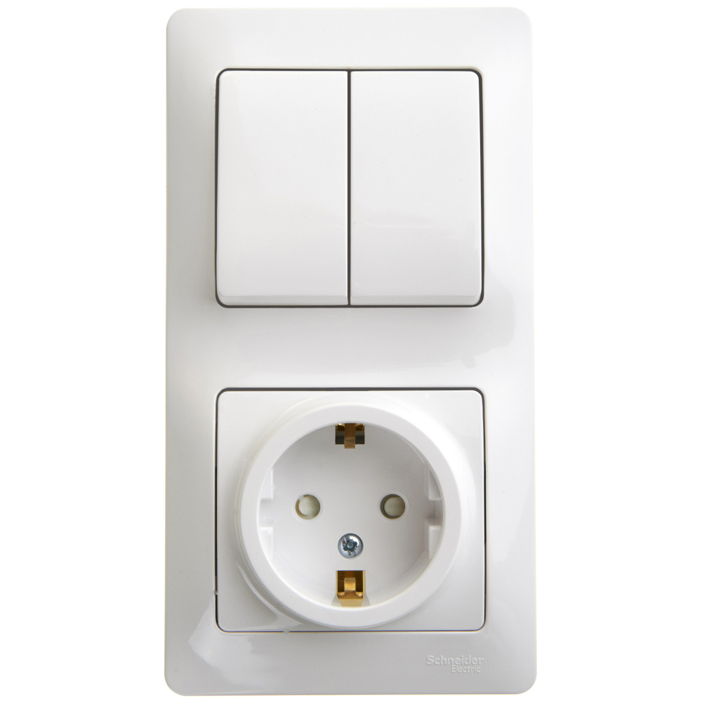 Изображение товара Systeme Electric Glossa Бел Блок: розетка с/з со шторками и 2-кл. выключатель