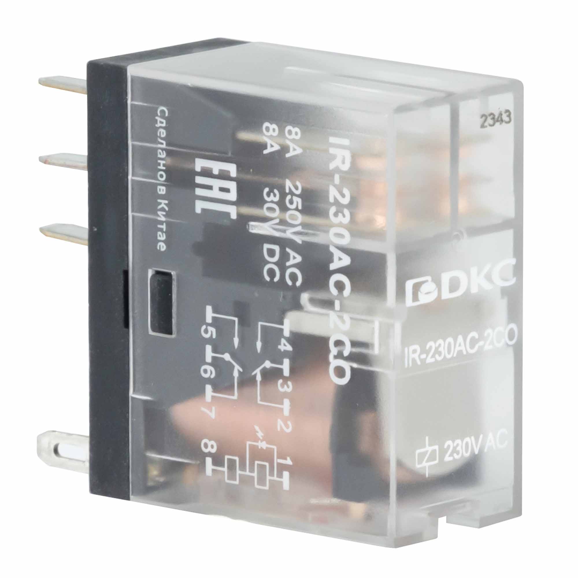 Изображение товара DKC Реле миниатюрное промышленное, 2CO, ком. ток 8А, AgSnO2, напряжение 230V AC, опция: светодиод