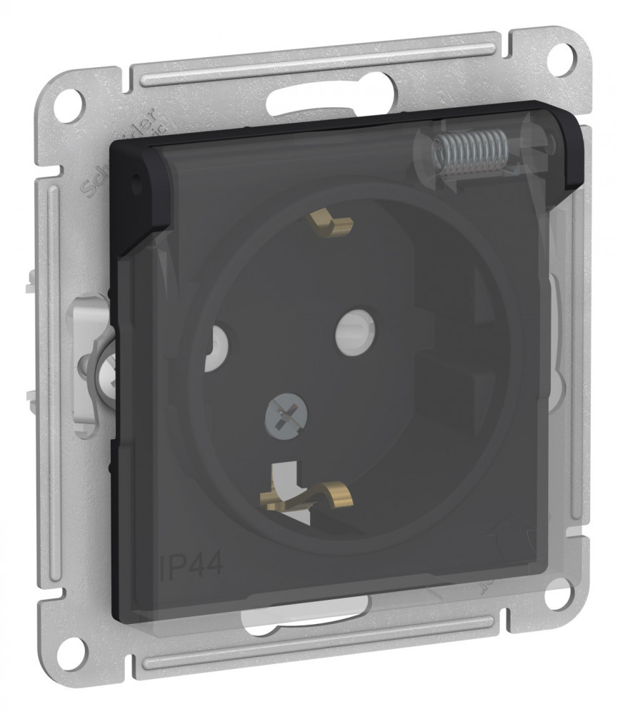 Изображение товара Systeme Electric AtlasDesign Aqua Карбон Розетка с/з со шторками, с крышкой, 16А, IP44, механизм