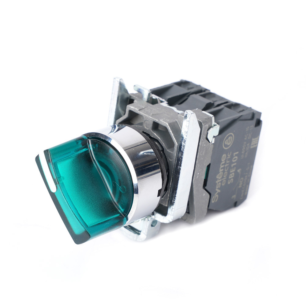 Изображение товара Systeme Electric Переключатель SB4 с подсветкой в сборе 22мм 2поз зел с фикс металл 24В DC 1НО+1НЗ