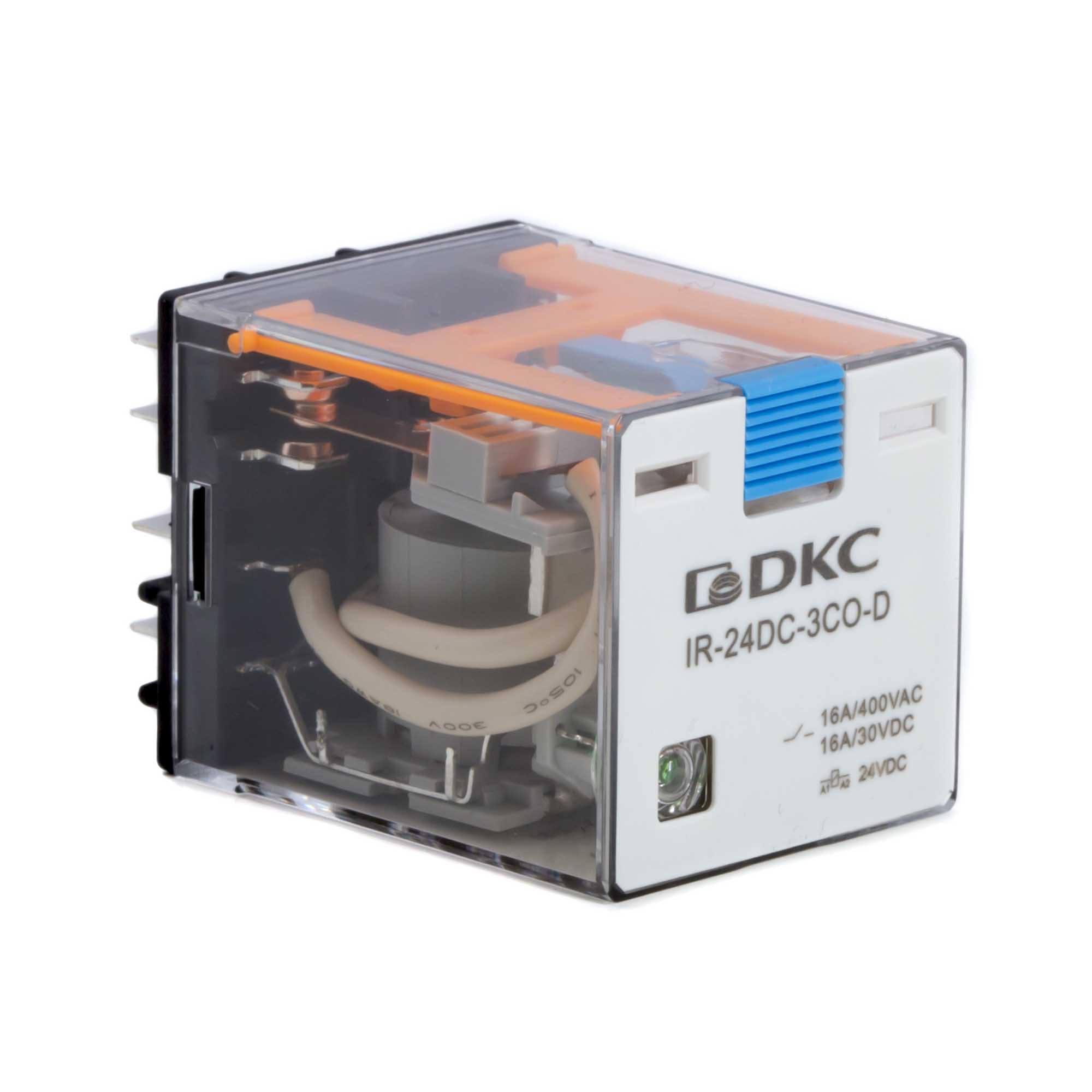 Изображение товара DKC Реле миниатюрное силовое, 3CO, ком. ток 16А, AgSnO2, напряжение 24V DC, опция: тест-кнопка+светодиод+защитный диод