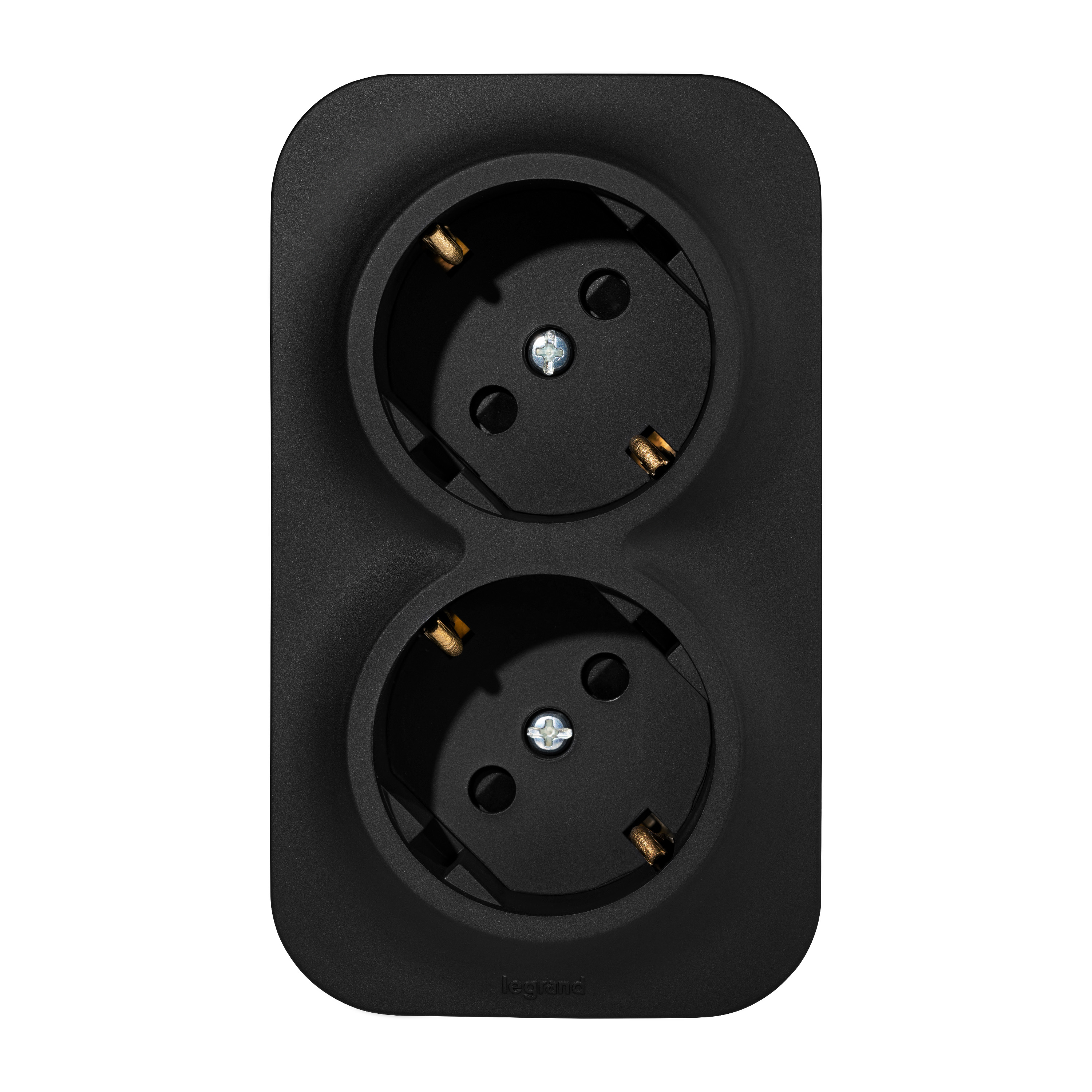 Изображение товара Legrand Quteo IP20 Чёрный матовый Розеточный блок двойной с заземлением с предварительным подключением со шторками 16А 250В винтовые зажимы накладной.