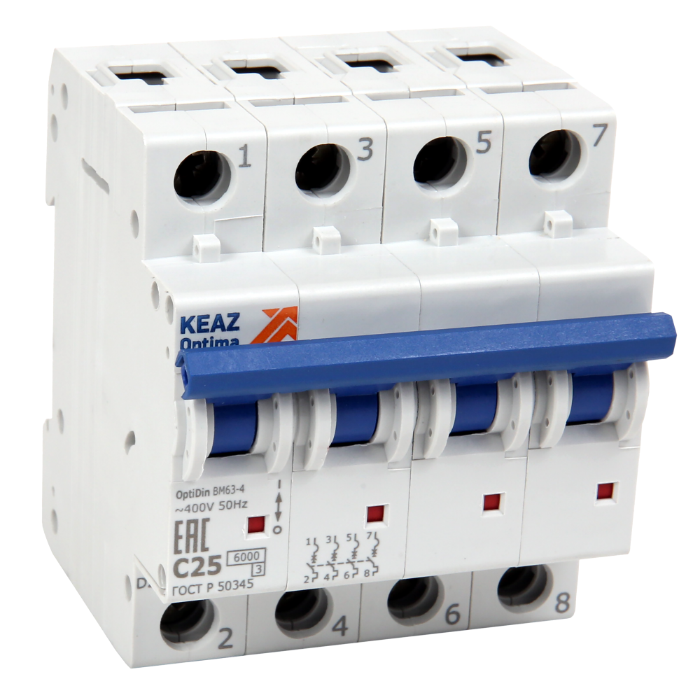 Изображение товара КЭАЗ OptiDin BM63 Автоматический выключатель 4P 25A C 6кА AC (BM63-4C25-УХЛ3).