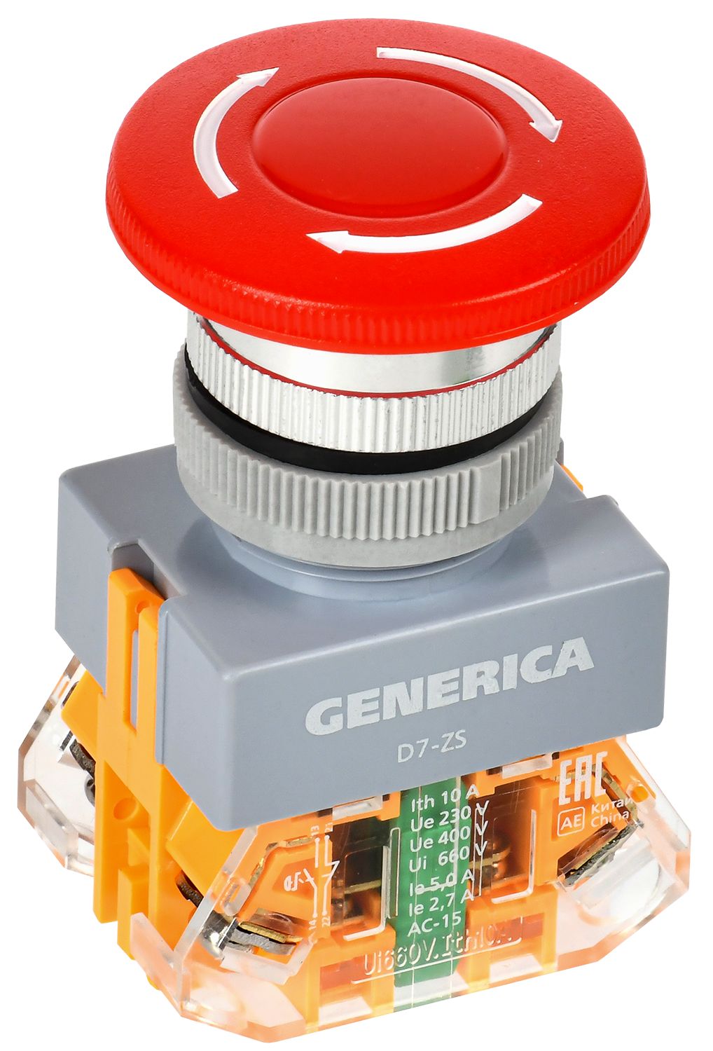 Изображение товара IEK GENERICA Кнопка D7-ZS Грибок 22 мм 1NC+1NO пов. фикс к.