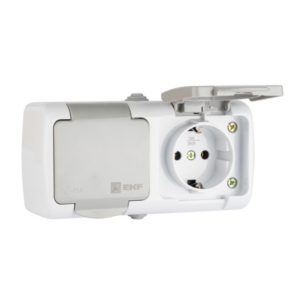 Изображение товара EKF PROxima Мурманск Розетка 2-местная 16А с заземлением с крышкой IP54 серый с защитными шторками.