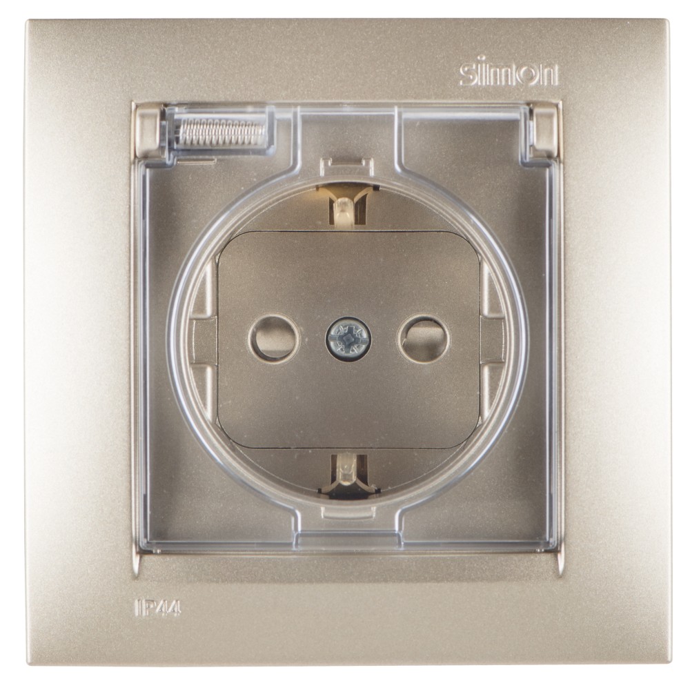 Изображение товара Simon 15 Шампань Розетка с/з, со шторками, с крышкой, IP44, 16А, 250В, винт.зажим