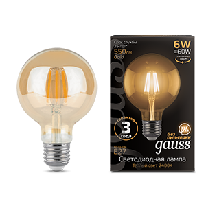 Изображение товара Gauss Лампа Filament G95 6W 550lm 2400К Е27 golden LED