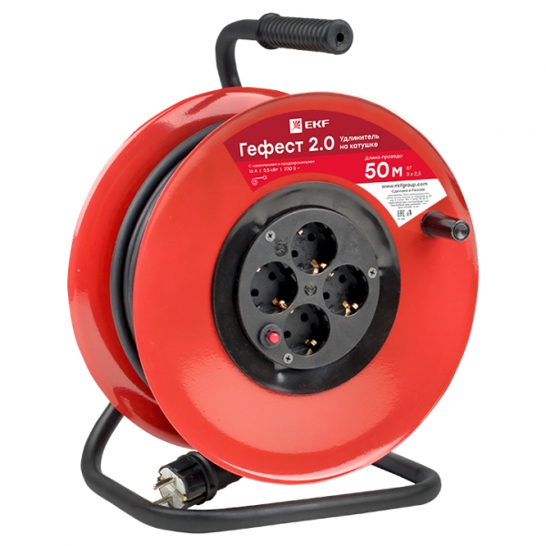 Изображение товара EKF PROxima Удлинитель на катушке "Гефест 2.0" 4 гнезда 50м с заземлением и предохранителем КГ 3*2,5 16А/3,5кВт.