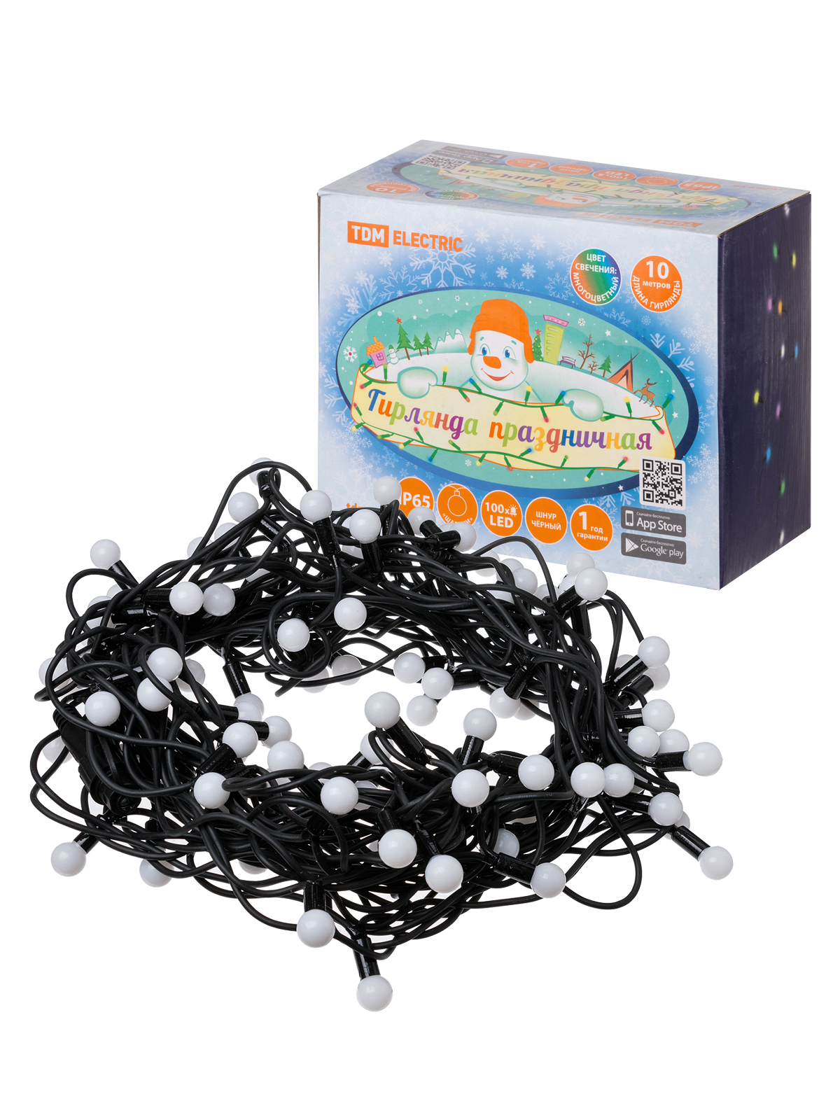 Изображение товара TDM Гирлянда светодиодная "Шарики" 100LED, 10м, многоцвет., каучук чер., посл.подключ., 250 В, IP65,