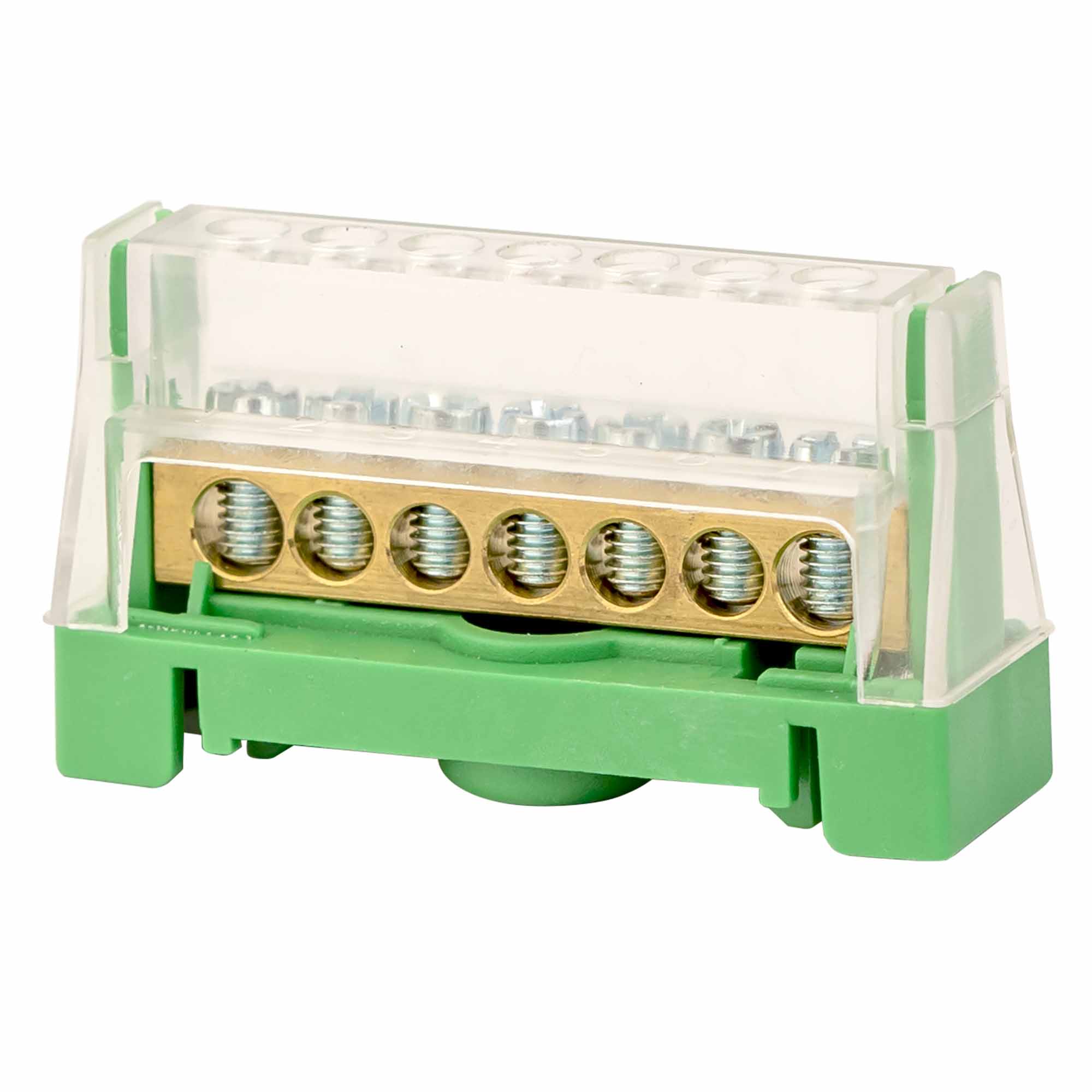 Изображение товара DKC Шина латунная в корпусе на DIN рейку 1 полюс до 63A 5конт. под сеч. 16кв.мм, 2конт. под сеч. 25кв.мм, зеленая