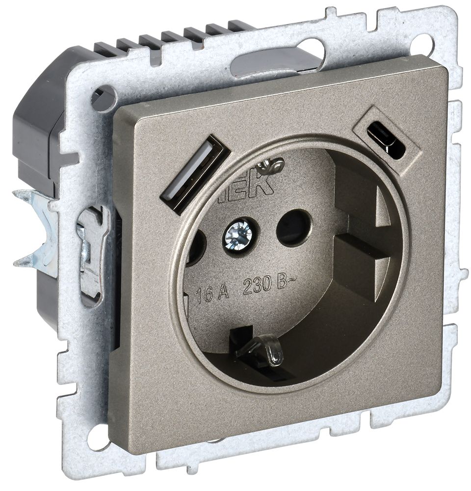 Изображение товара IEK BRITE BASE Шампань Розетка с з/к/ш 16А с USB A+C 18Вт РЮш11-1-БрШ