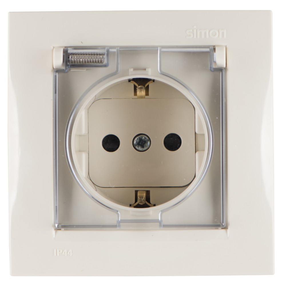 Изображение товара Simon 15 бежевая розетка с крышкой и шторками, IP44