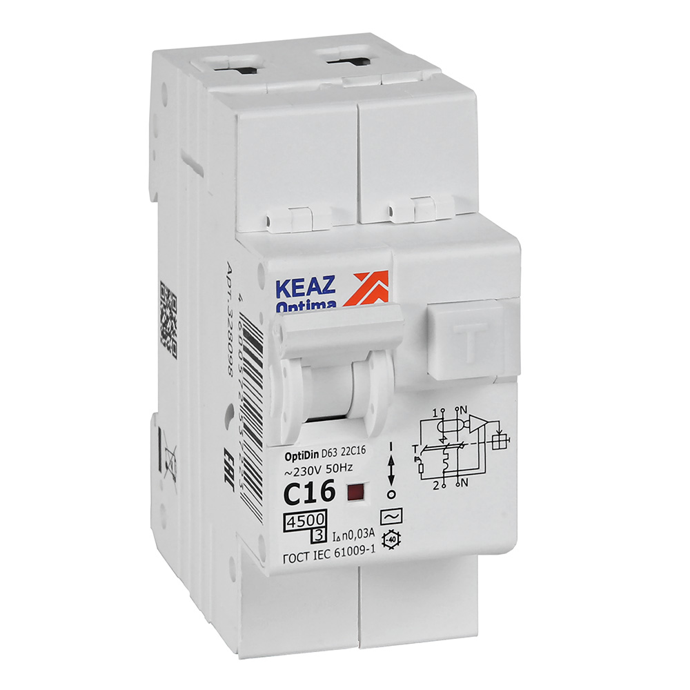 Изображение товара КЭАЗ АВДТ с защитой от сверхтоков OptiDin D63-22C16-AC-У3 (2P, C16, 30mA, 4,5кА). Изображение товара КЭАЗ АВДТ с защитой от сверхтоков OptiDin D63-22C16-AC-У3 (2P, C16, 30mA, 4,5кА).