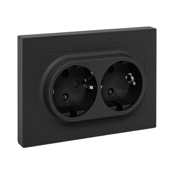 Изображение товара EKF Эпика Механизм розетки двойной, 16А, с заземлением, со шторками, с рамкой, чёрный.