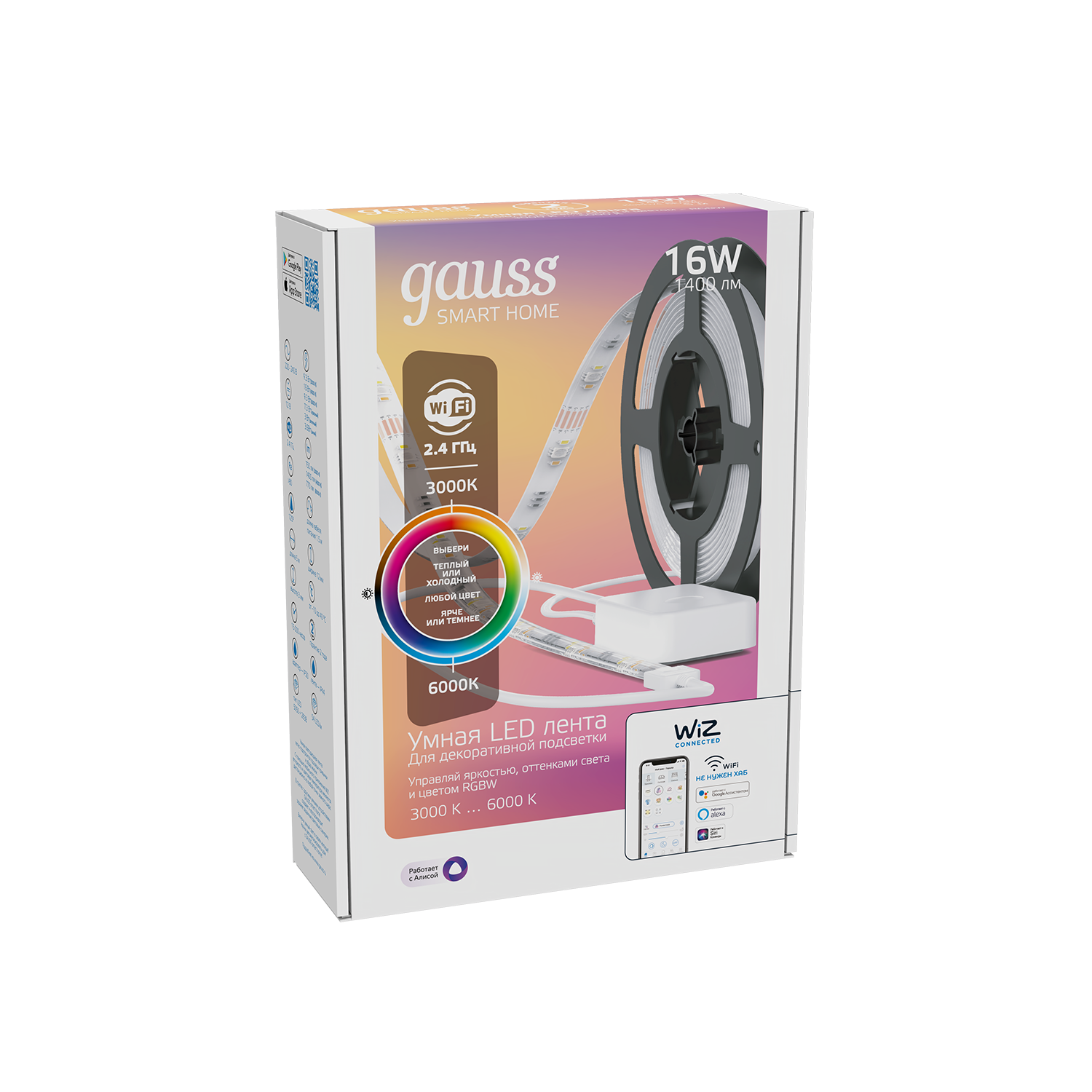 Gauss Лента Smart Home 16W 1400lm 3000-6000К 100-240V IP20 5м  RGBW+изм.цвет.темп.+дим/ LED - e.way