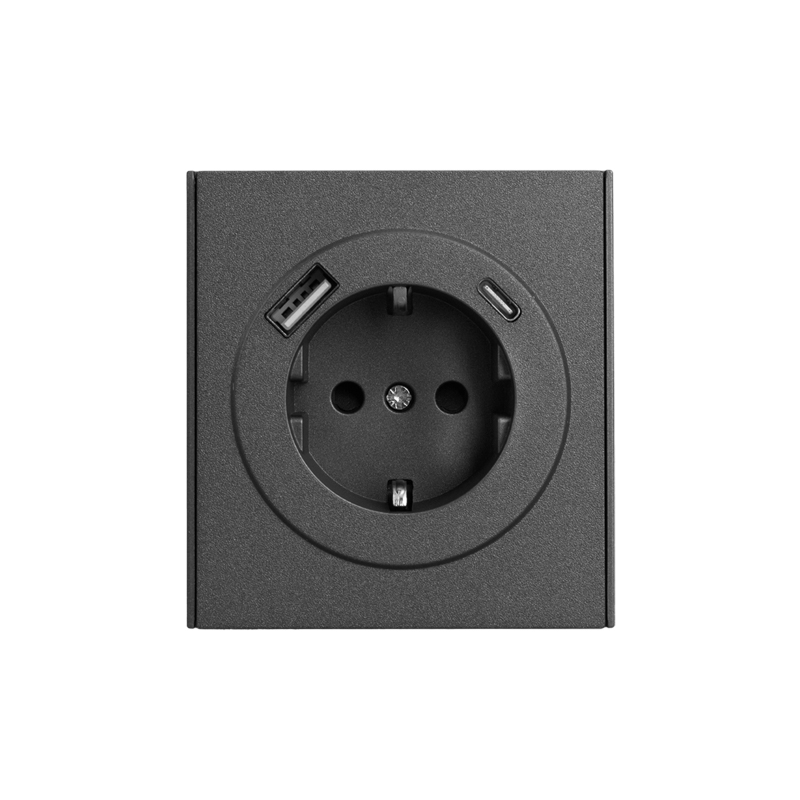 Изображение товара KRANZ STRONG Розетка 1-ая с/з с/у з/ш 16А с USB A+C быстрой зарядки 5В/3А графит, с 1-пост. рамкой