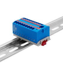 Изображение товара Блок распределительный с верт. адаптером на рейки шириной 15/35мм, зажим push-in, 1 ввод 6 кв.мм, 18 точек подключения 2,5 кв.мм, синий