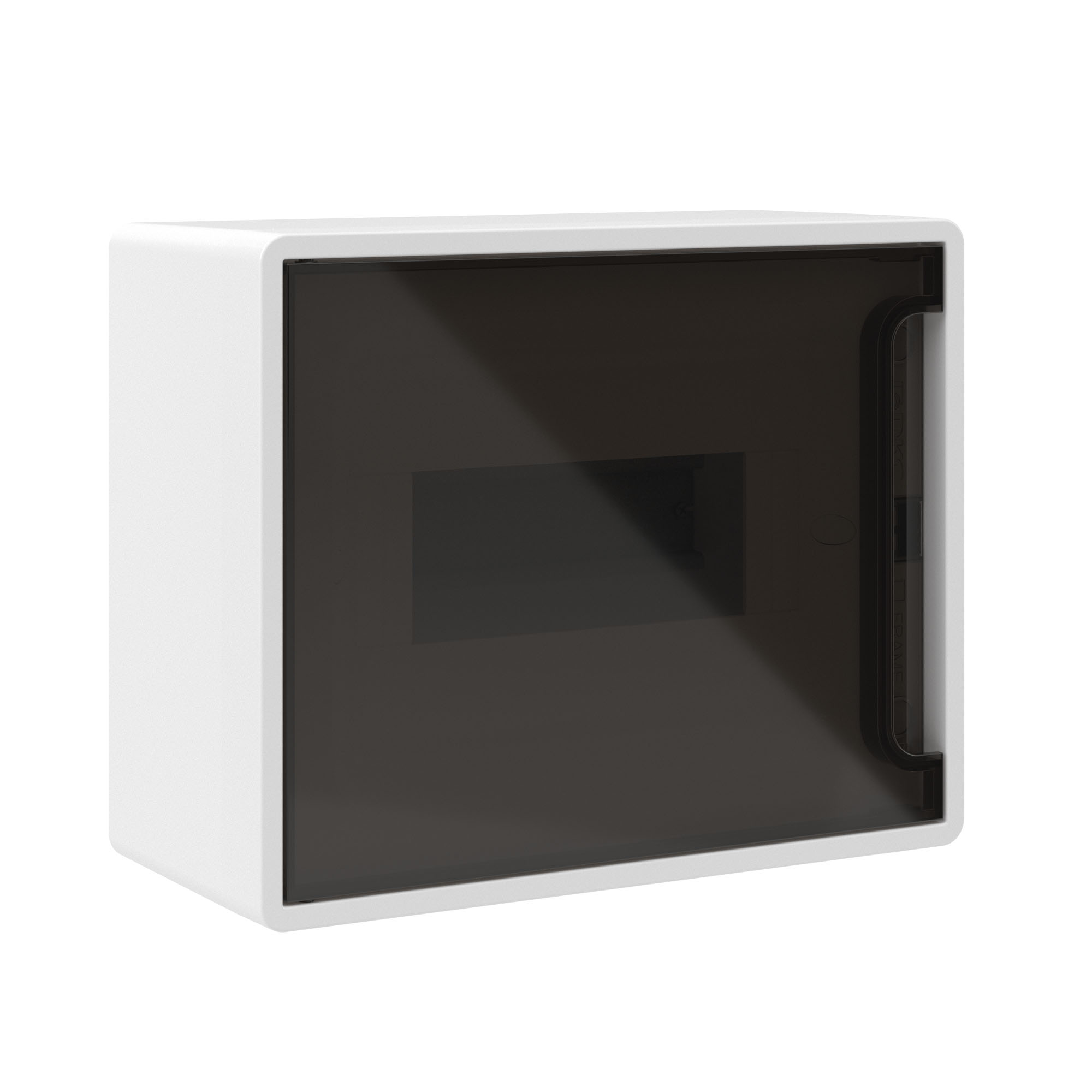 Изображение товара DKC FRAME Щиток 8 мод настенный , белый, с тонированной дверцей, с 2 шинами PEN на 6 и 8 отв.