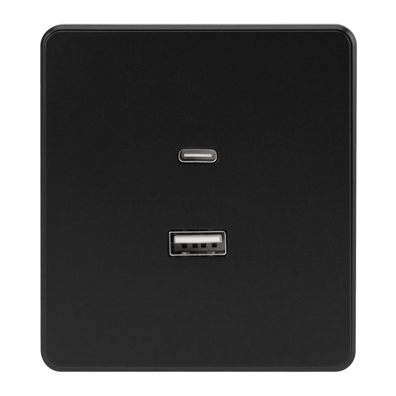 Изображение товара KRANZ ROUND Розетка USB-A+Type-C 3А с функцией быстрой зарядки оникс , с 1-пост. рамкой