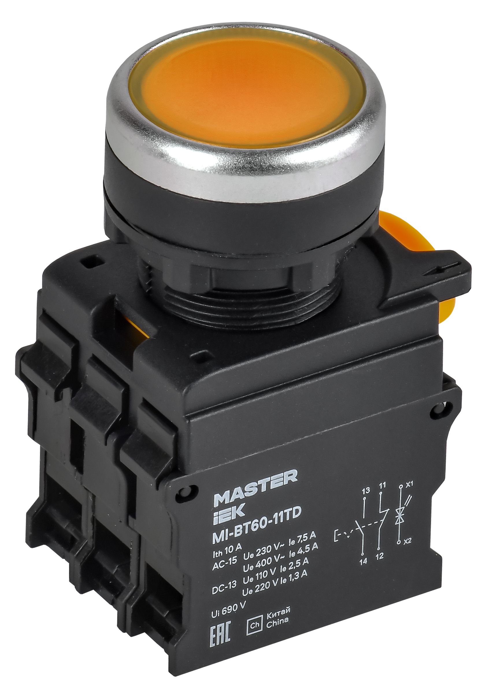 Изображение товара IEK Кнопка с подсвет. и фикс. d=22мм 1NO+1NC жёлтая MASTER