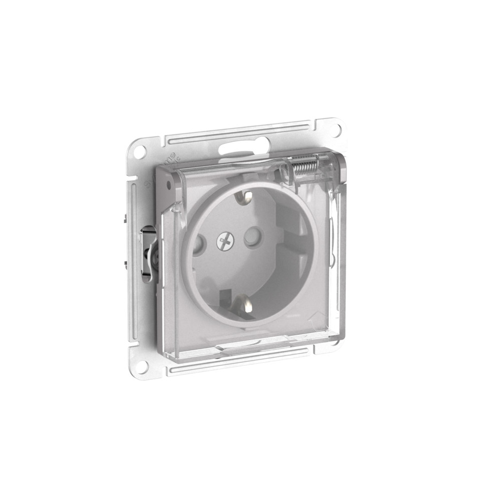 Изображение товара Systeme Electric AtlasDesign Aqua Алюминий Розетка с зазем. со шт. с прозрач. крыш, 16А, IP44, мех., быстрозажим. клем.