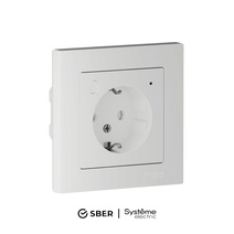 Изображение товара SBER Systeme Electric AtlasDesign Smart Белый Розетка с заземл., со шт., Zigbee, L+N, 16А, мех., модель SBDV-00202