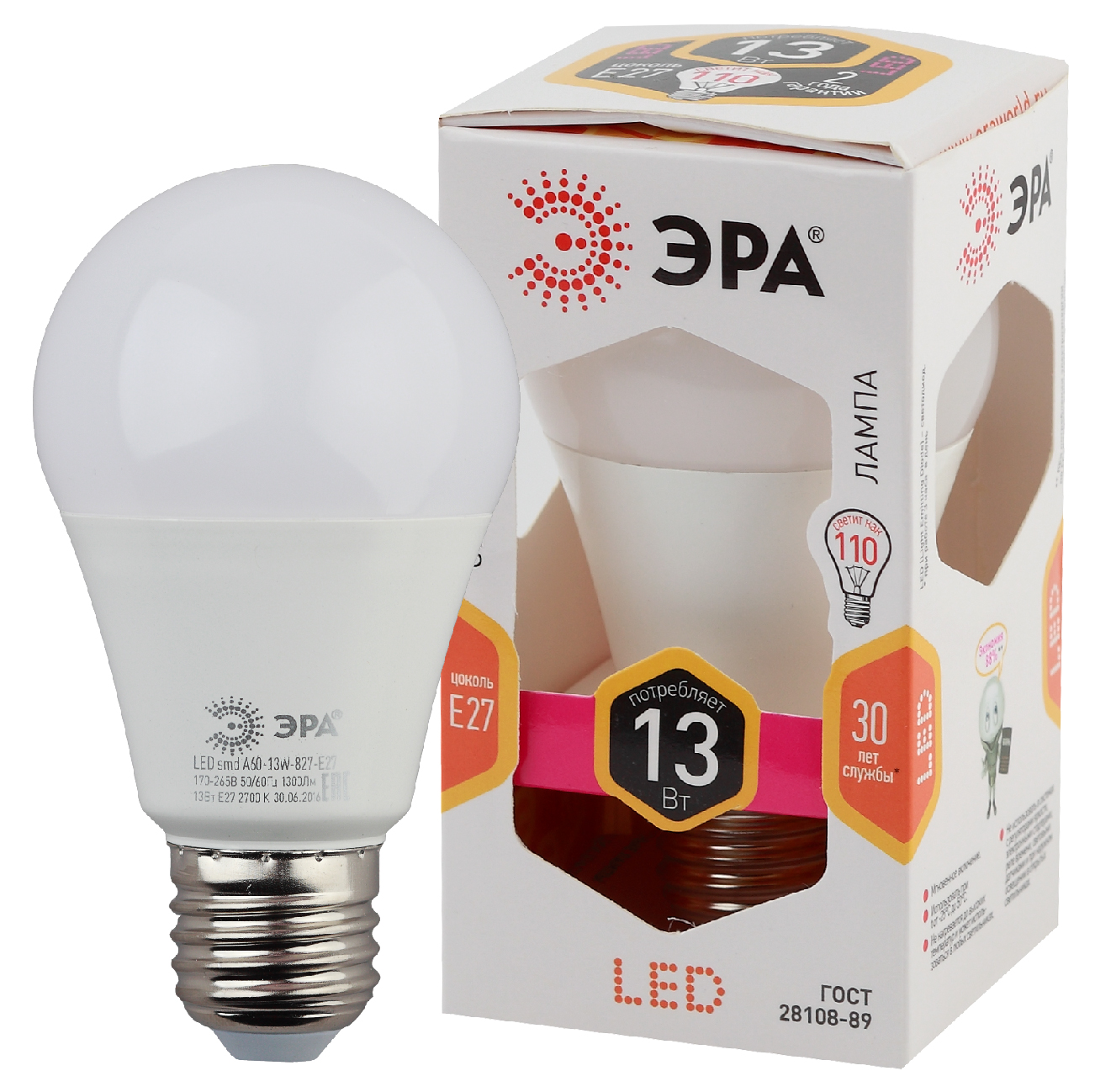 Изображение товара ЭРА Лампа светодиодная STD LED A60-13W-827-E27 13Вт груша теплый белый свет Е27 Изображение товара ЭРА Лампа светодиодная STD LED A60-13W-827-E27 13Вт груша теплый белый свет Е27