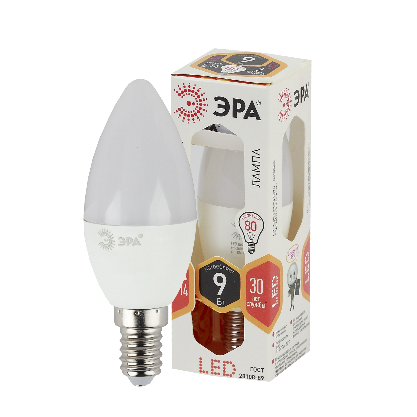 Изображение товара ЭРА Лампа светодиодная STD LED B35-9W-827-E14 9Вт. свеча теплый белый свет Е14