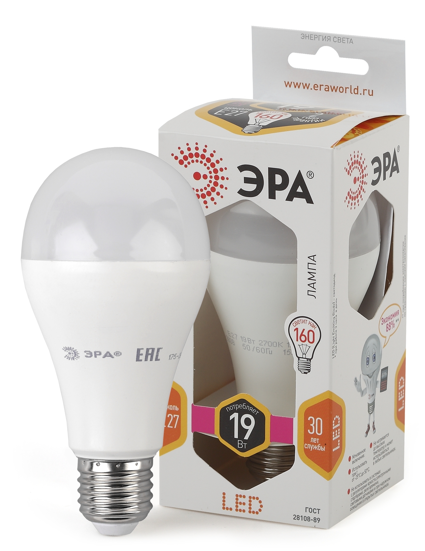 Изображение товара ЭРА Лампа светодиодная STD LED A65-19W-827-E27 19Вт груша теплый белый свет Е27
