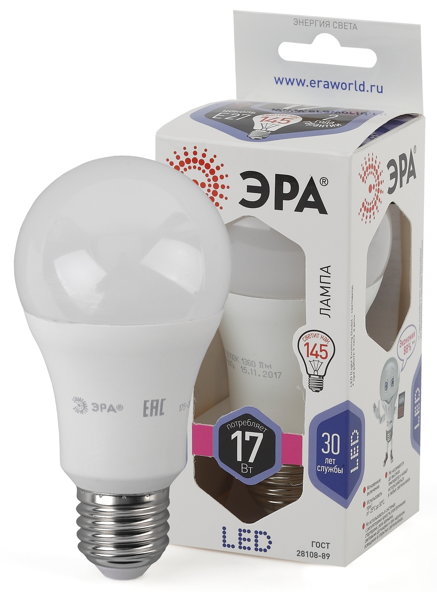 Изображение товара ЭРА STD LED A60-17W-860-E27, холодный дневной свет 6000K, 17Вт