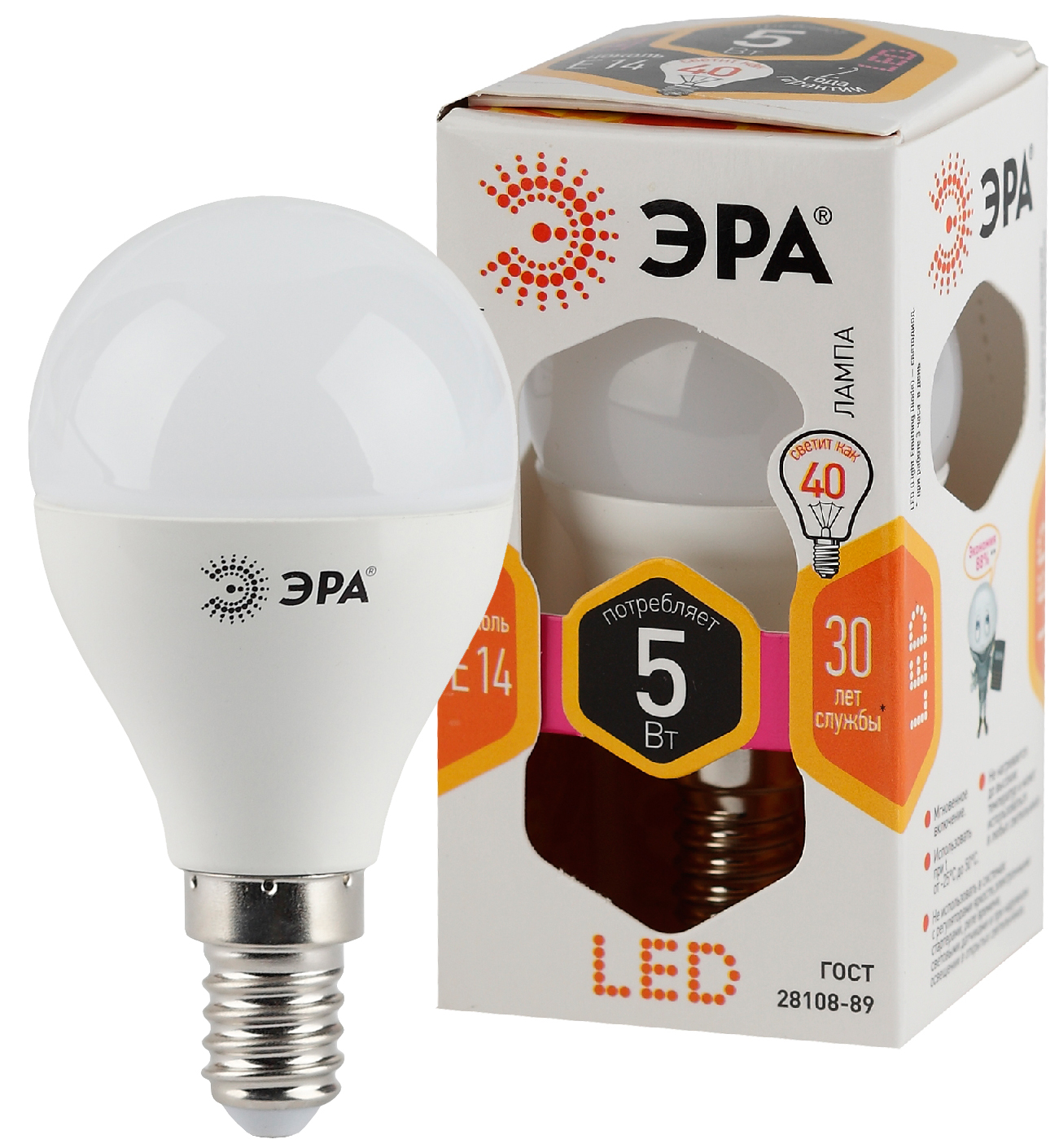 Изображение товара ЭРА STD LED P45-5W-827-E14 - 5 Вт, теплый свет, 2700 К, 400 лм