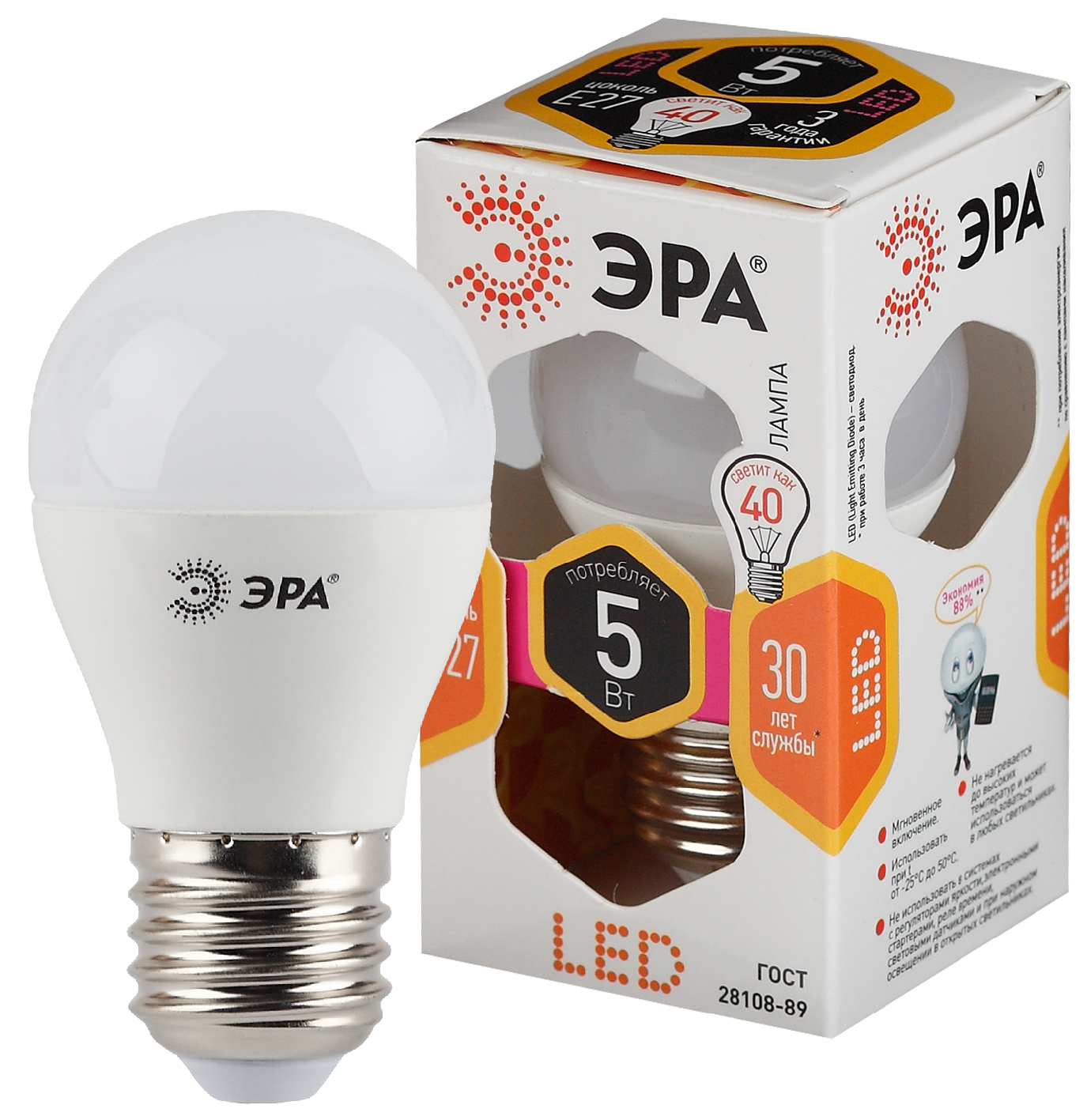 Изображение товара ЭРА Лампа светодиодная STD LED P45-5W-827-E27 5Вт шар теплый белый свeт Е27