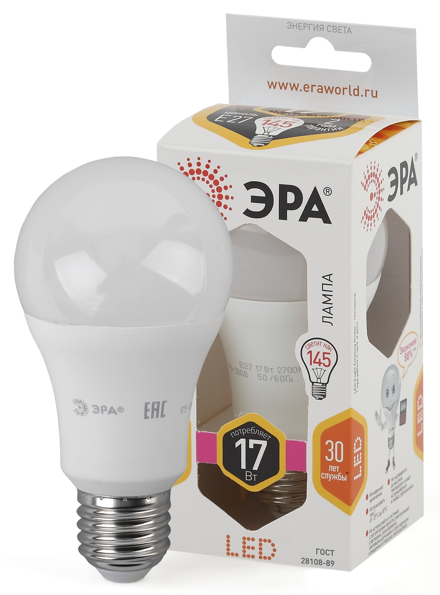 Изображение товара ЭРА STD LED A60-17W-827-E27 - теплый белый свет, 3600 лм, 17 Вт