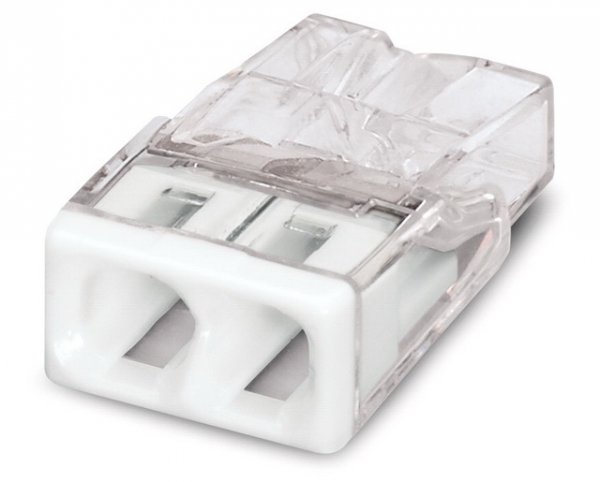 Изображение товара Wago клеммы для одножильных проводников; макс. 2,5 мм²; 2-проводн.; прозрачный корпус; белая крышка (поштучно)